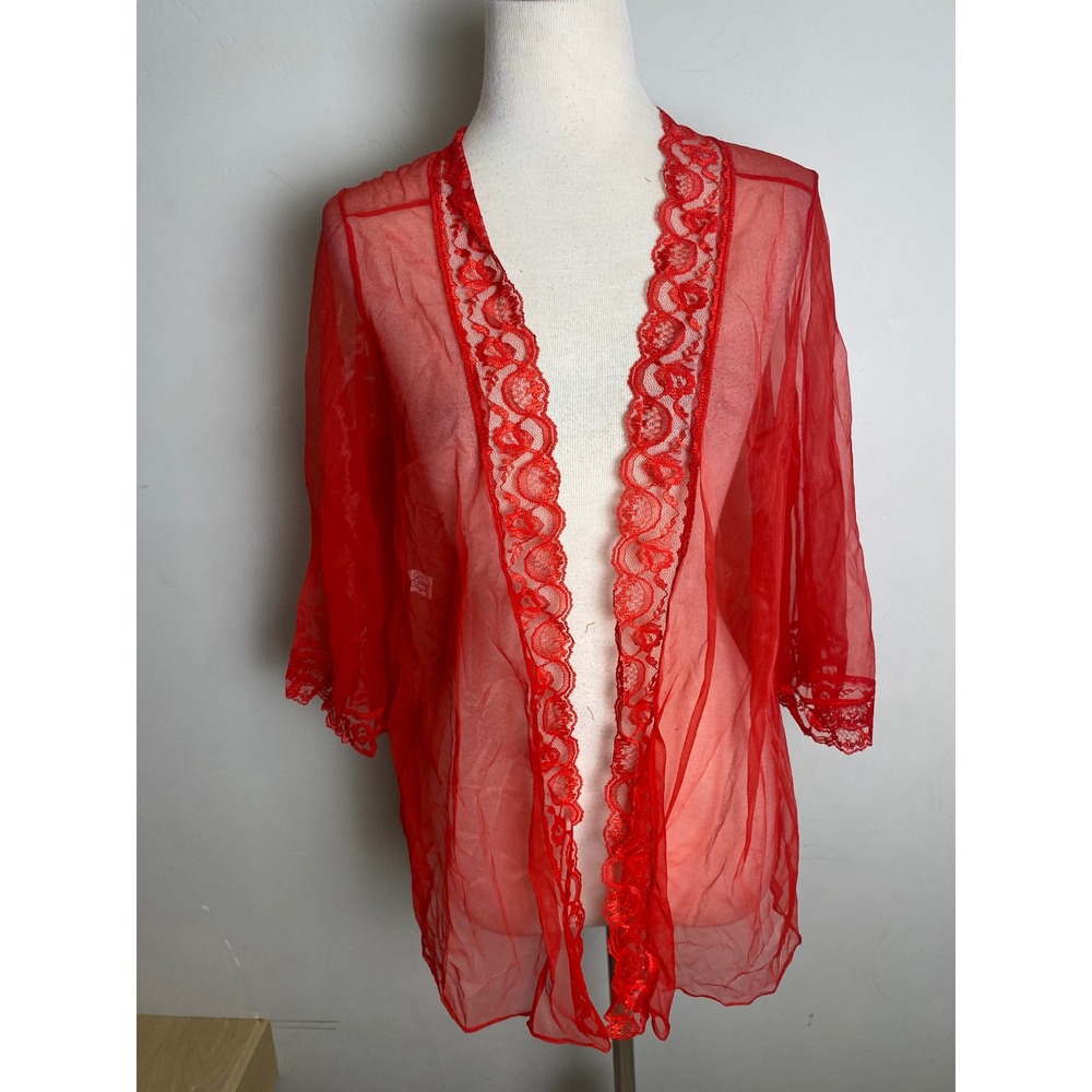 Vintage Lara Lingerie Red Sheer Mesh Lace Trim Robe One Size Made in USA 60s 70s